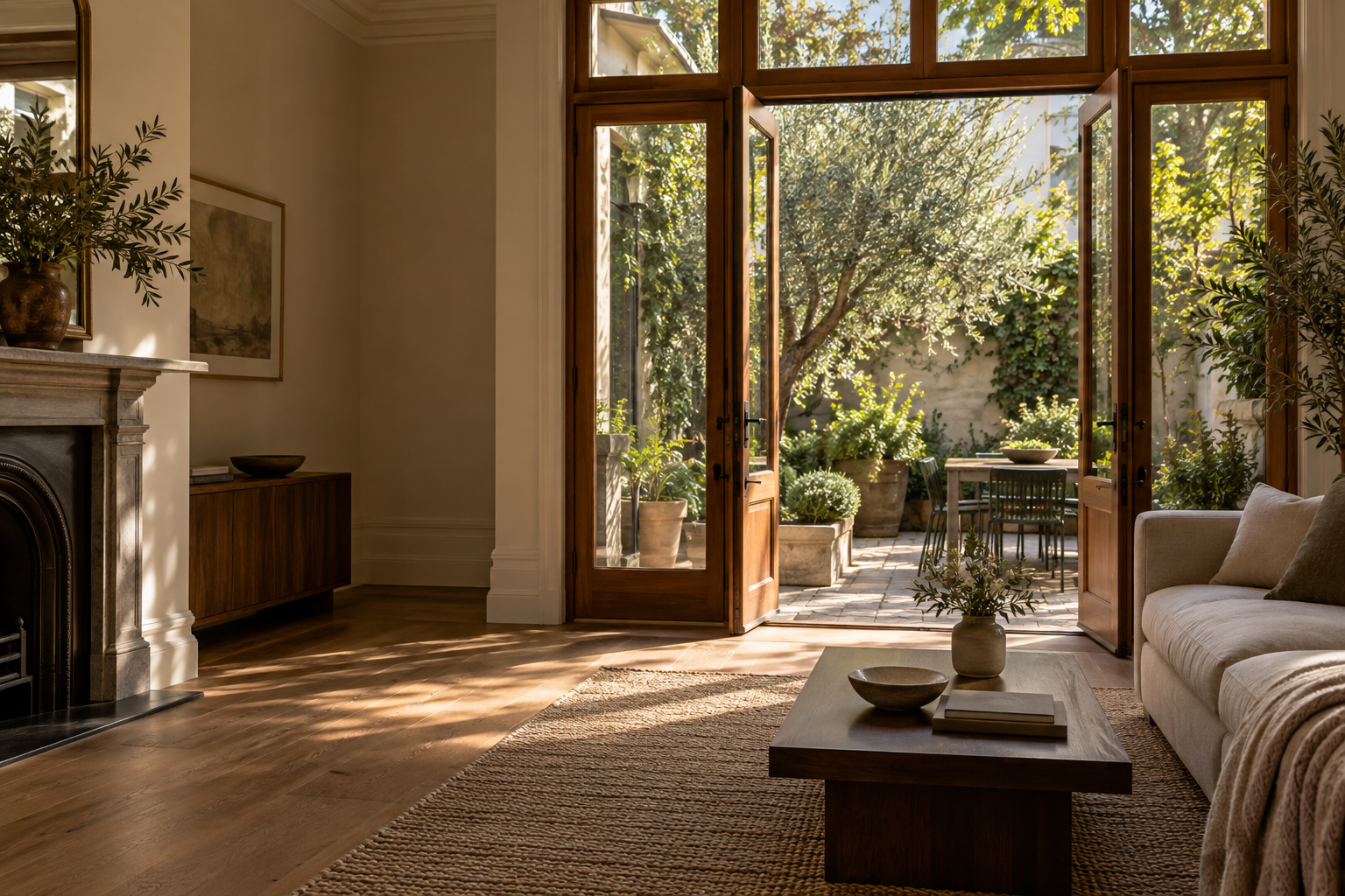 A warm terrace living room opening onto a private leafy courtyard
