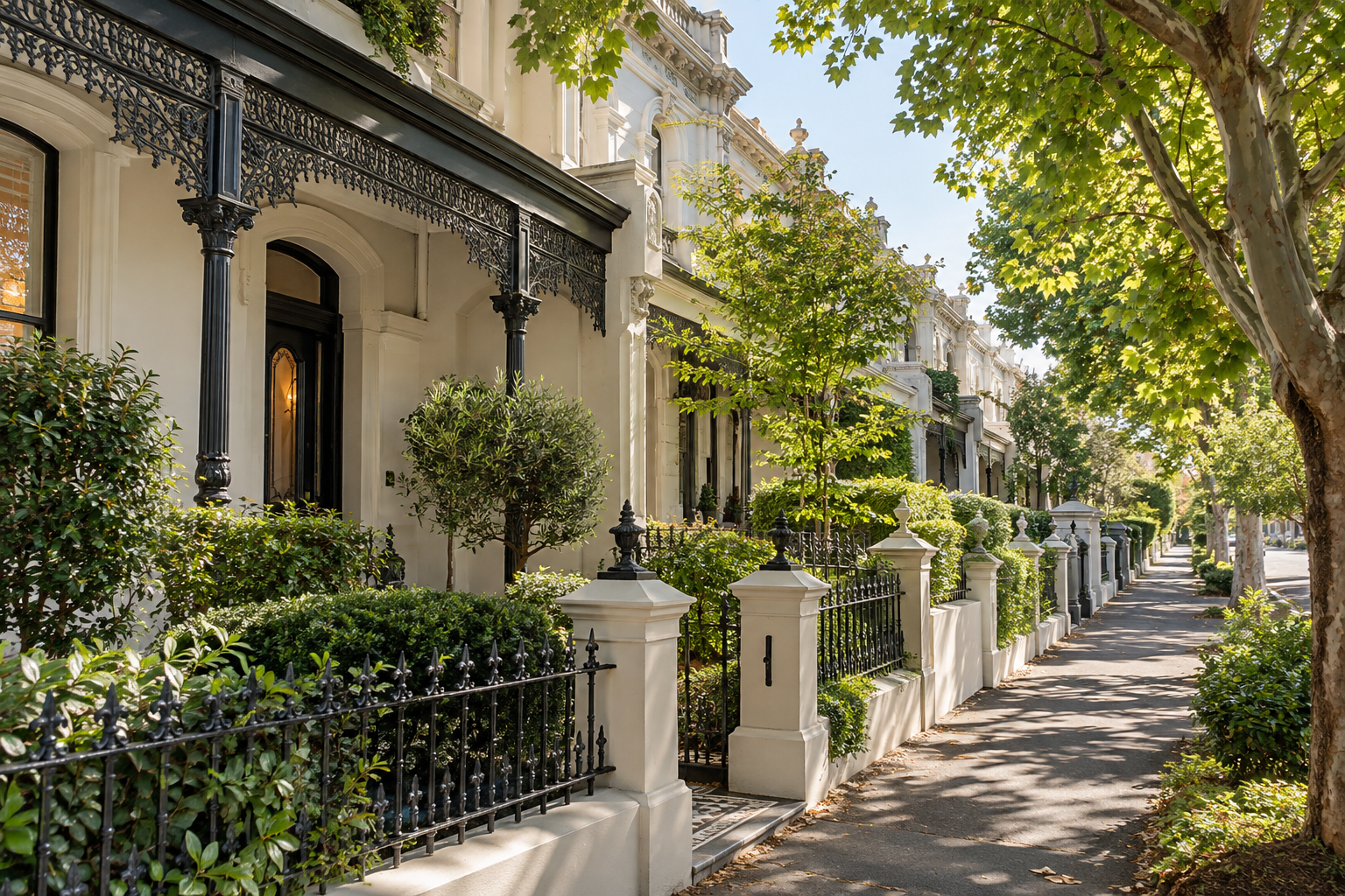 Leafy residential streetscape with elegant Victorian terraces in morning light