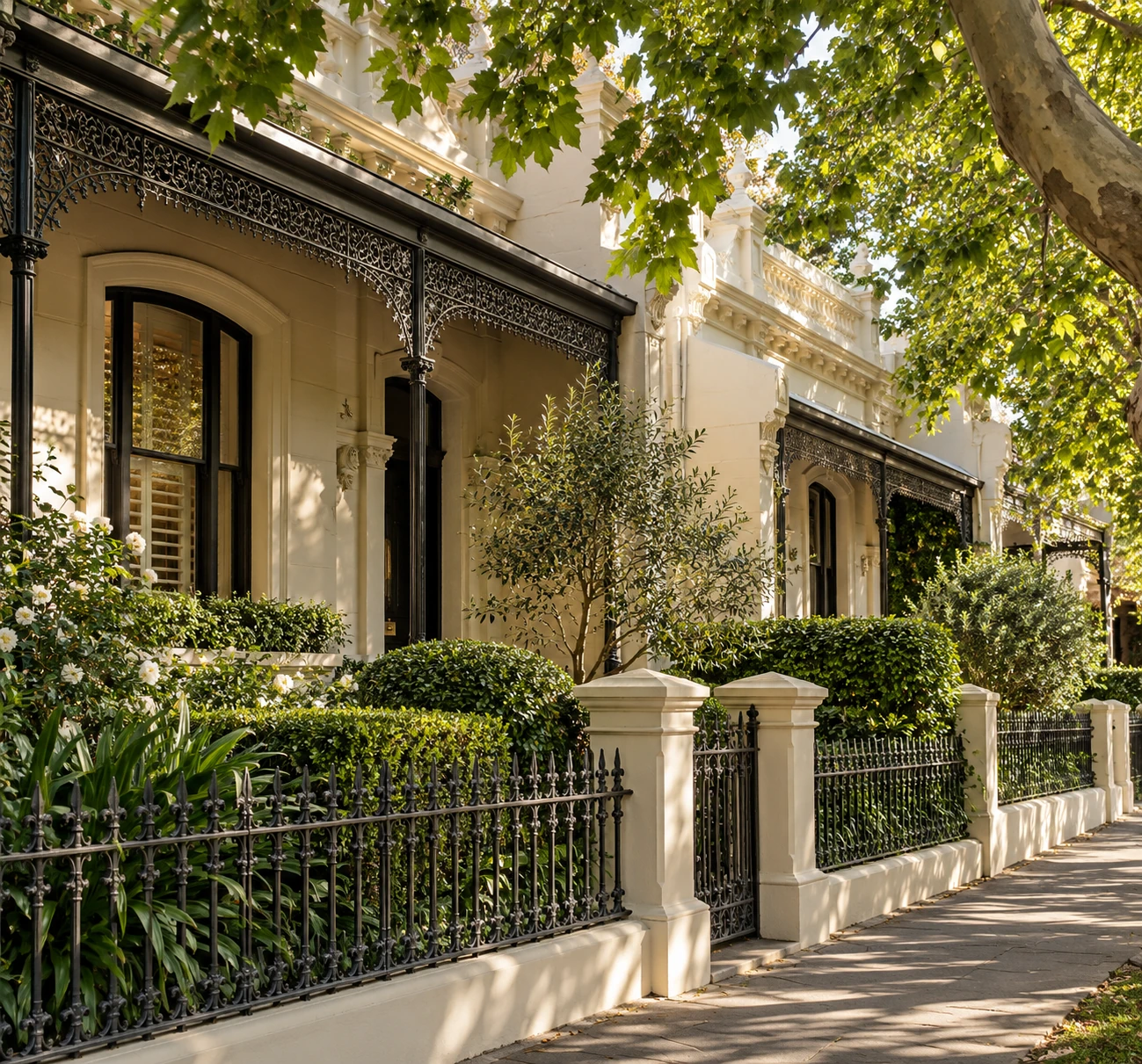 Leafy Victorian terraces with cream facades, wrought iron and warm afternoon light